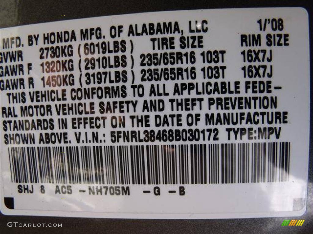 2008 Odyssey Color Code NH705M for Nimbus Gray Metallic Photo #41251195