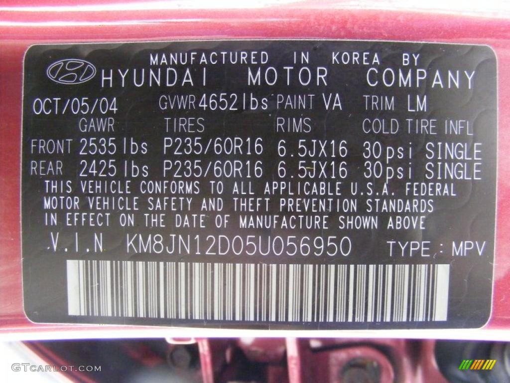 2005 Hyundai Tucson LX V6 Color Code Photos