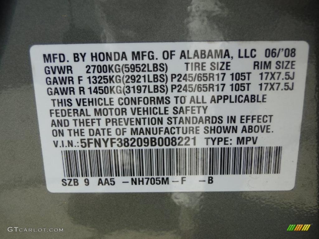 2009 Pilot Color Code NH705M for Nimbus Gray Metallic Photo #41268233
