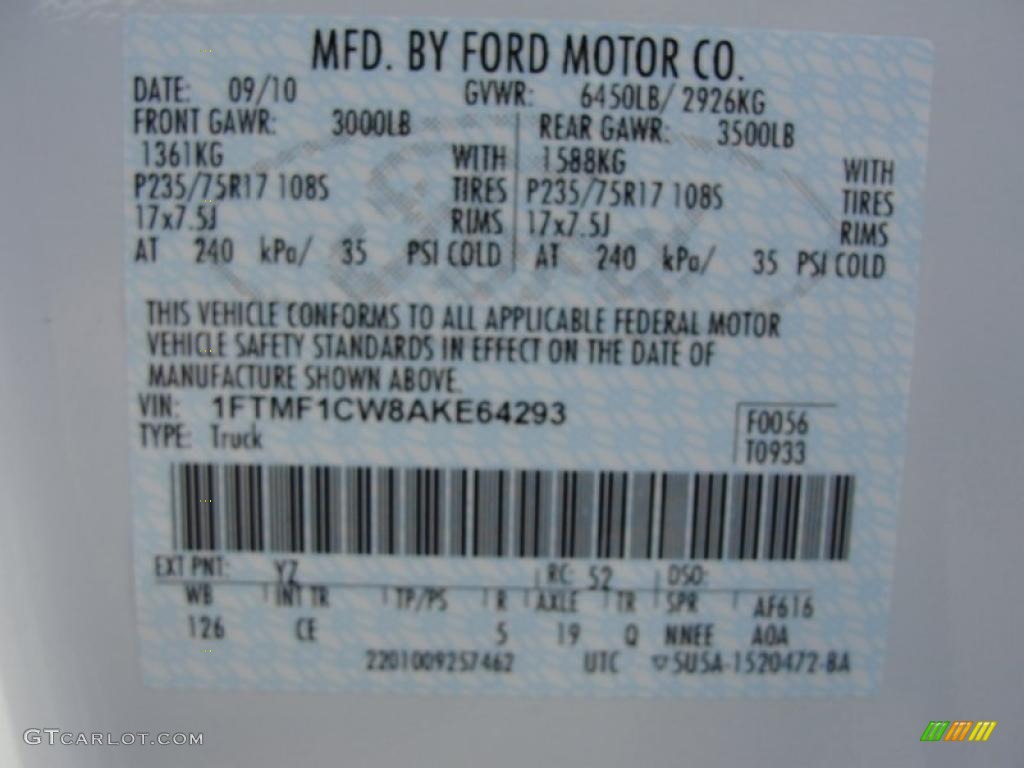 2010 F150 Color Code YZ for Oxford White Photo #41271029