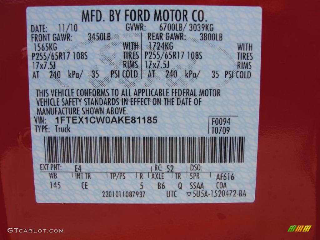 2010 Ford F150 STX SuperCab Color Code Photos