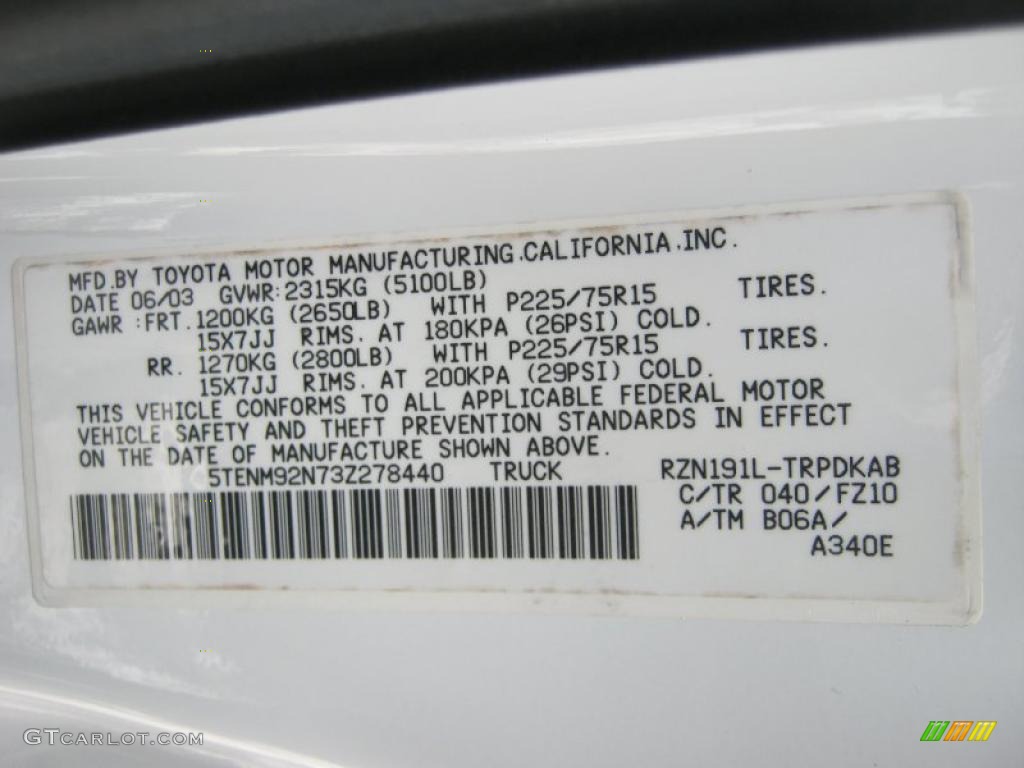2003 Tacoma Color Code 040 for Super White Photo #41352039