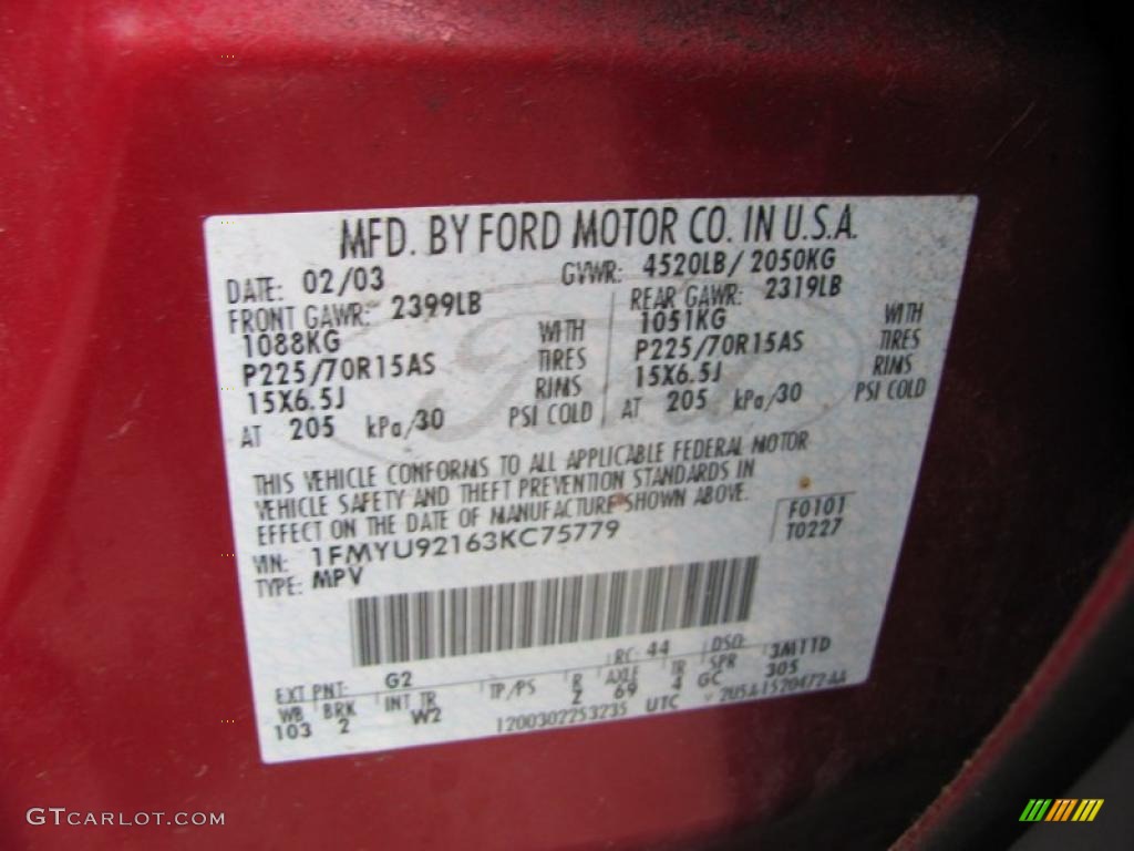 2003 Escape Color Code G2 for Redfire Metallic Photo #41353403