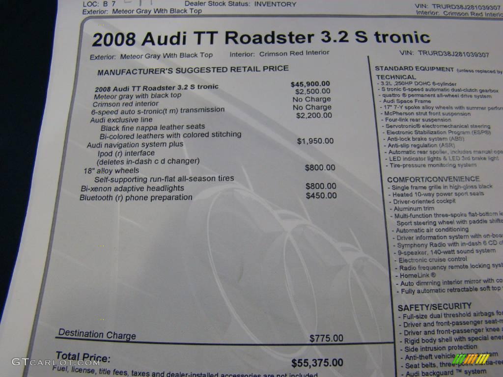 2008 TT 3.2 quattro Roadster - Meteor Grey / Crimson Red photo #12