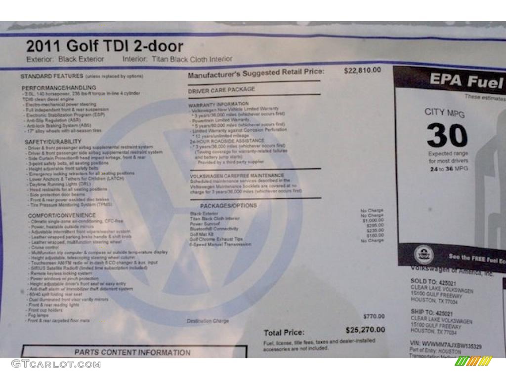 2011 Volkswagen Golf 2 Door TDI Window Sticker Photo #41401744
