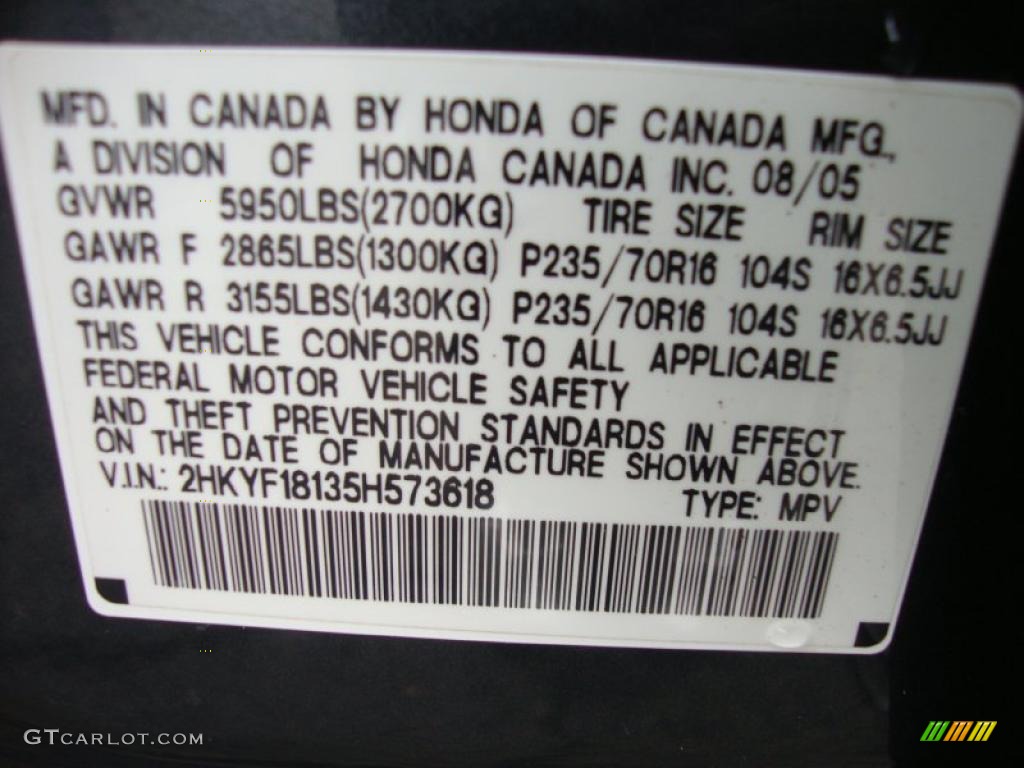 2005 Honda Pilot LX 4WD Info Tag Photos