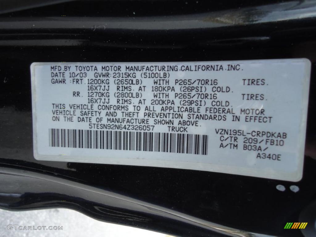 2004 Toyota Tacoma V6 PreRunner TRD Xtracab Color Code Photos
