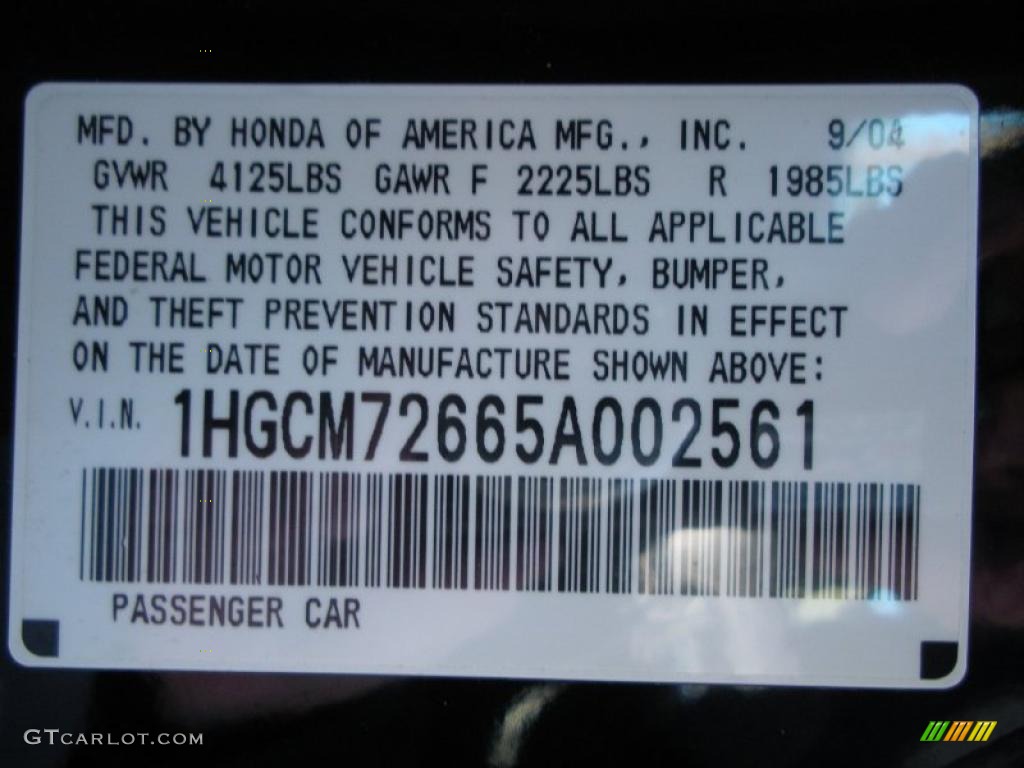 2005 Honda Accord EX-L Coupe Info Tag Photo #41438783