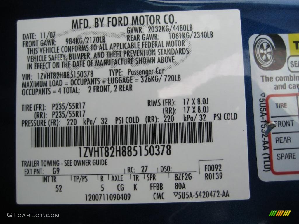 2008 Mustang Color Code G9 for Vista Blue Metallic Photo #41452355