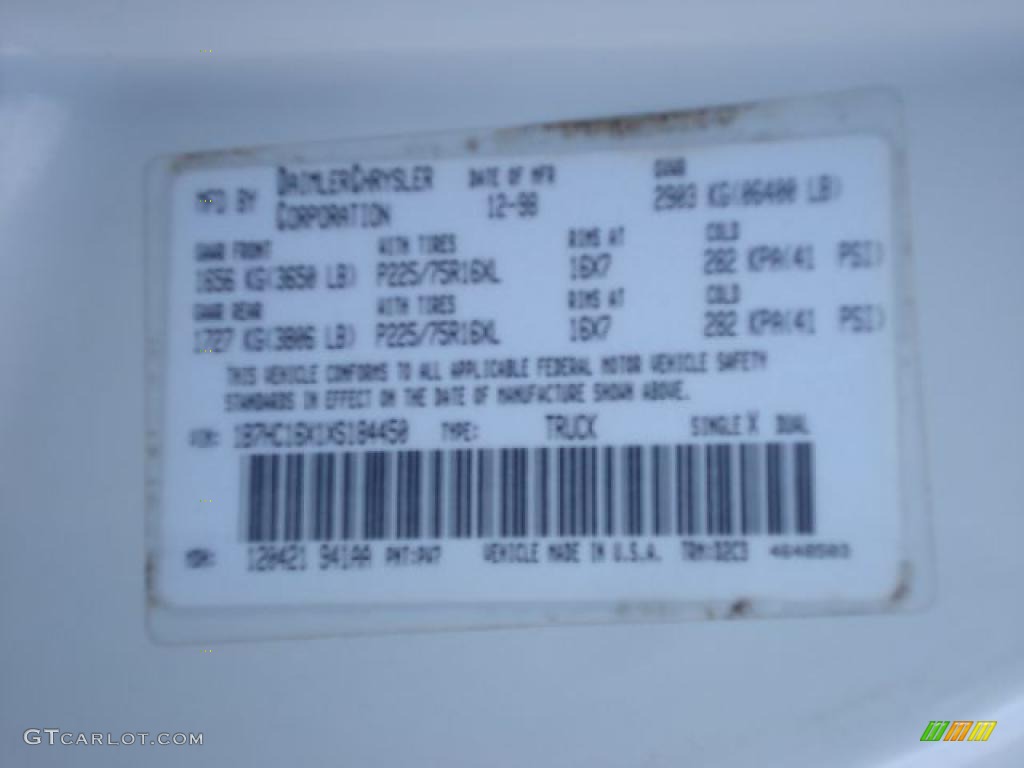 1999 Ram 1500 Color Code PW7 for Bright White Photo #41471975