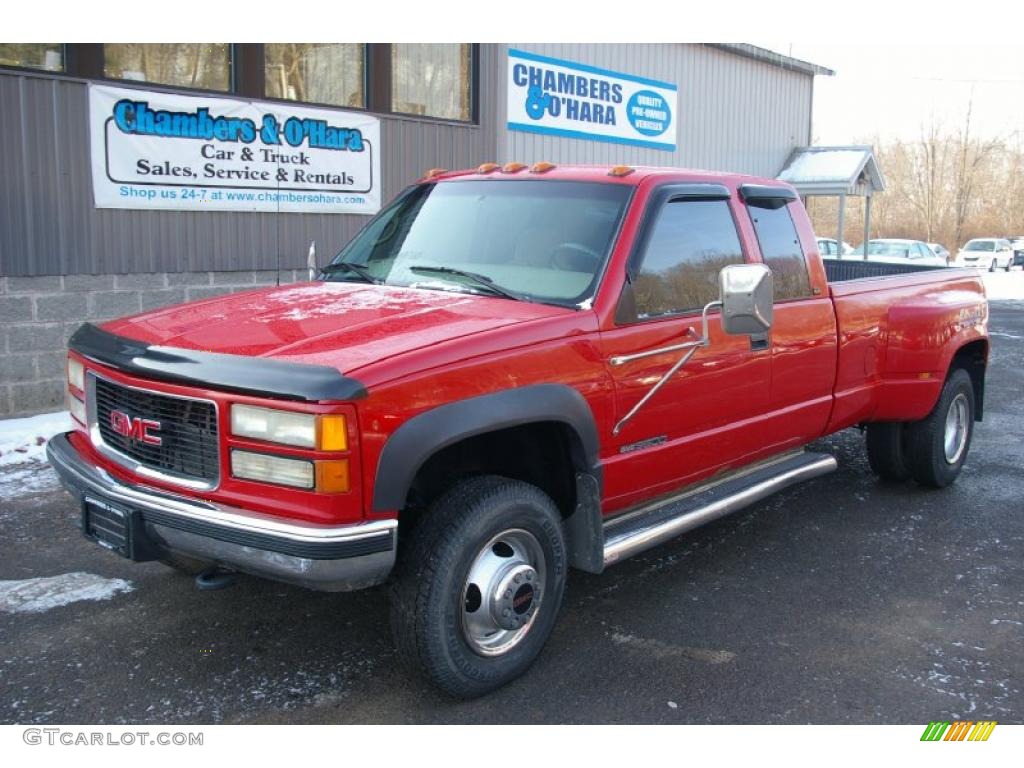 1997 Sierra 3500 SLE Extended Cab 4x4 Dually - Victory Red / Neutral photo #1