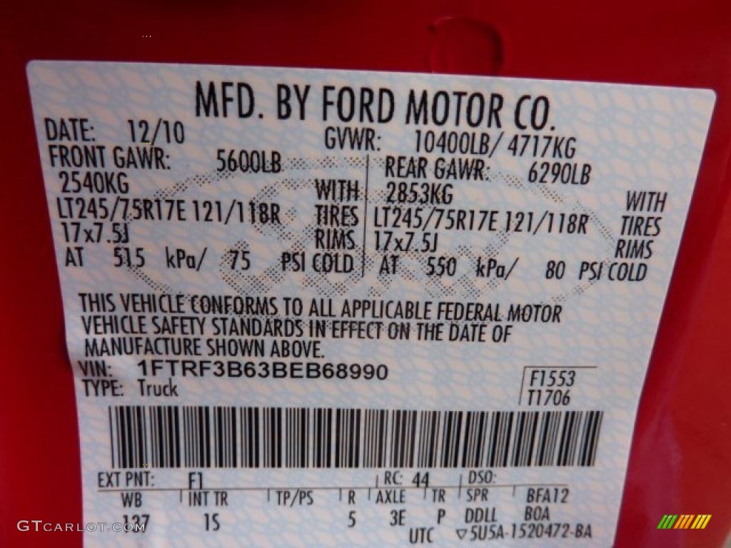 2011 F350 Super Duty Color Code F1 for Vermillion Red Photo #41478435