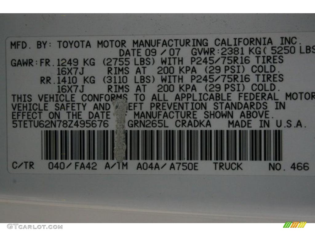 2008 Toyota Tacoma V6 PreRunner Access Cab Color Code Photos