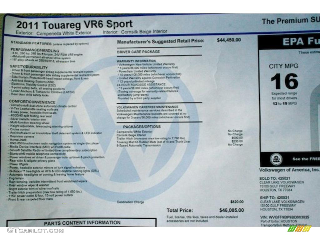 2011 Volkswagen Touareg VR6 FSI Sport 4XMotion Window Sticker Photo #41531737