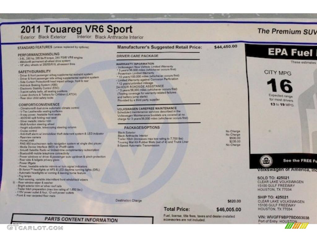 2011 Volkswagen Touareg VR6 FSI Sport 4XMotion Window Sticker Photo #41531969