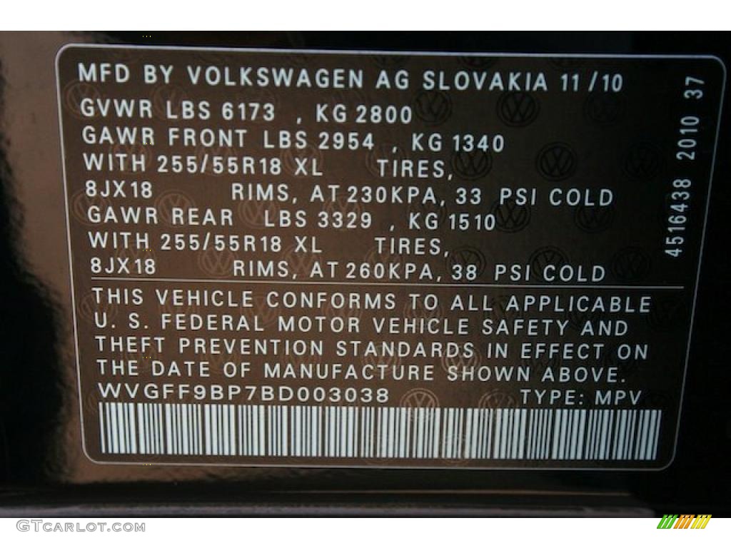 2011 Volkswagen Touareg VR6 FSI Sport 4XMotion Info Tag Photo #41532121
