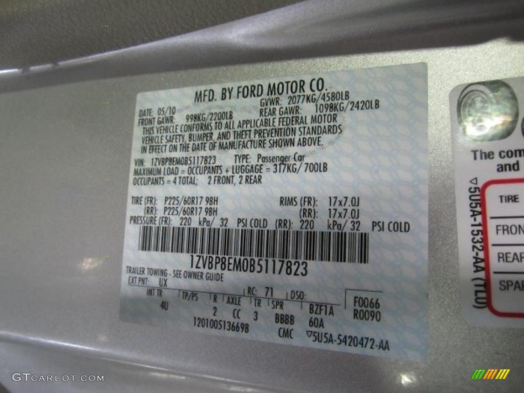 2011 Mustang Color Code UX for Ingot Silver Metallic Photo #41537056