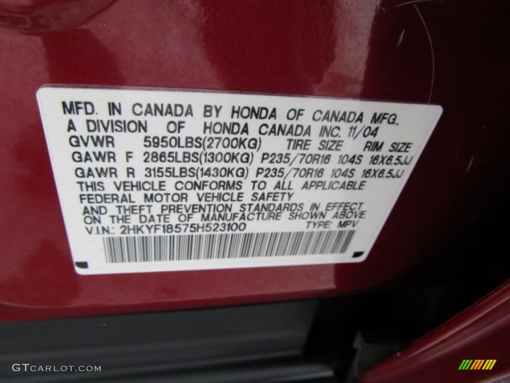 2005 Honda Pilot EX-L 4WD Info Tag Photo #41550930
