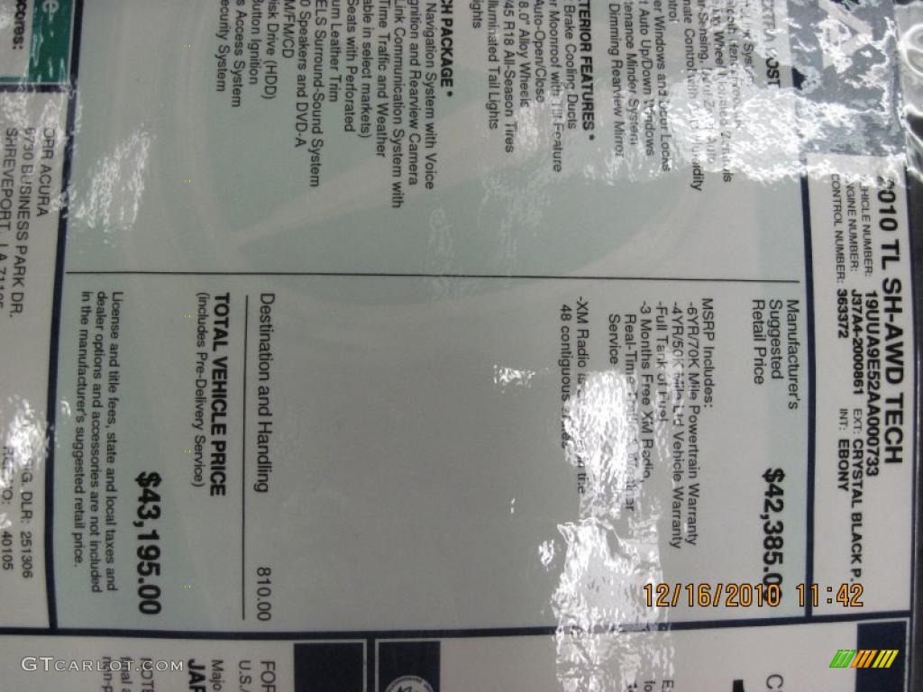 2010 Acura TL 3.7 SH-AWD Technology Window Sticker Photo #41556890