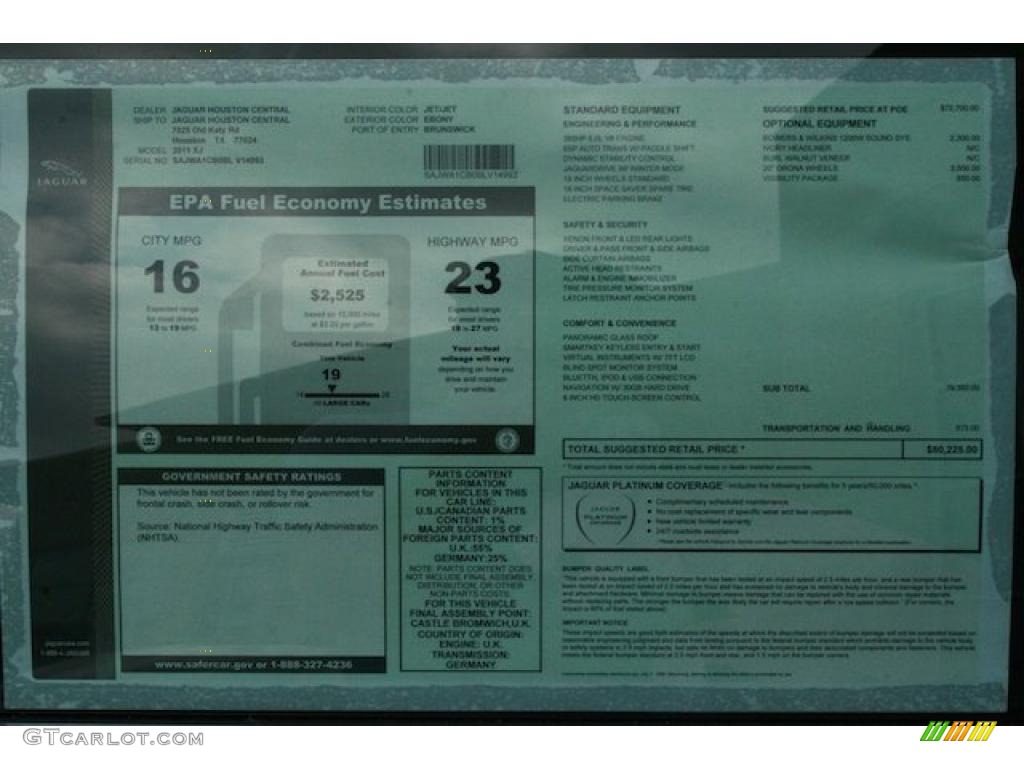 2011 Jaguar XJ XJ Window Sticker Photo #41568559