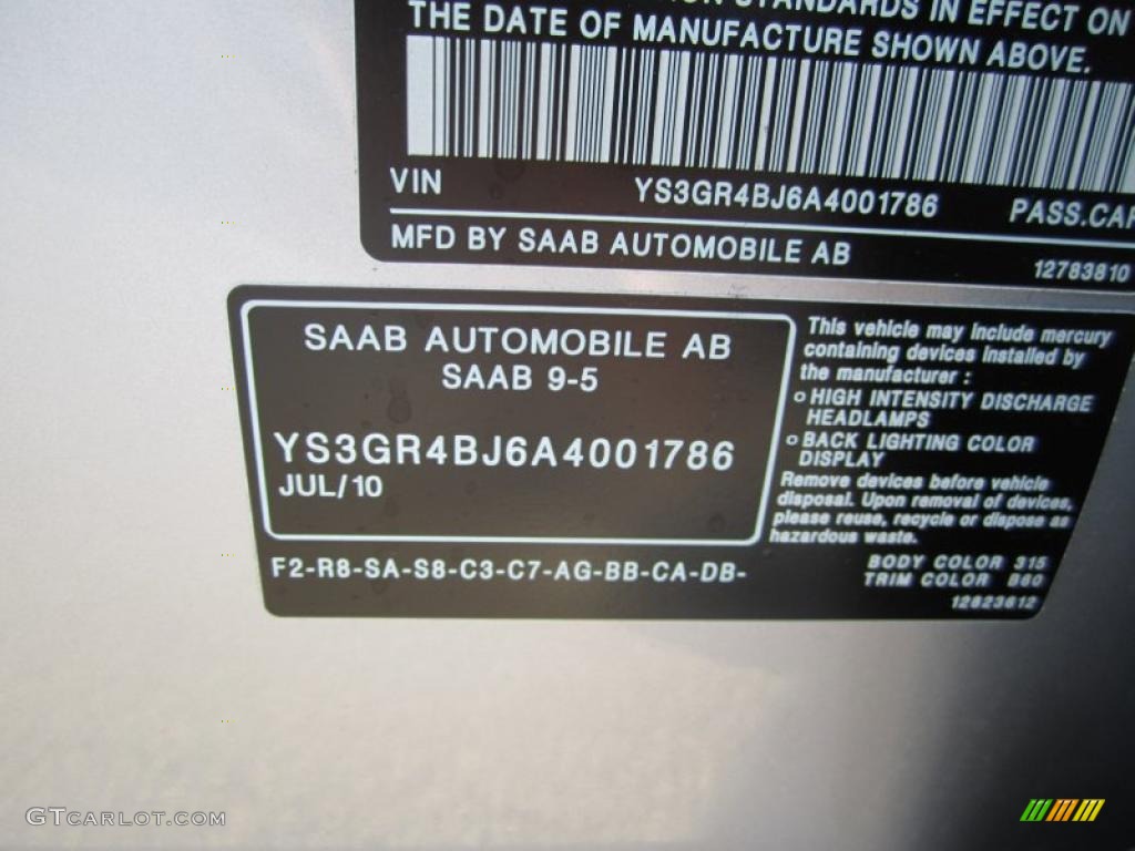 2010 Saab 9-5 Aero Sedan XWD Color Code Photos | GTCarLot.com