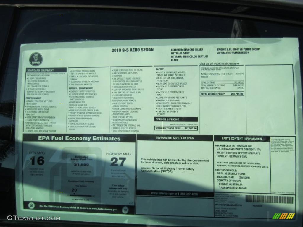 2010 Saab 9-5 Aero Sedan XWD Window Sticker Photo #41571095