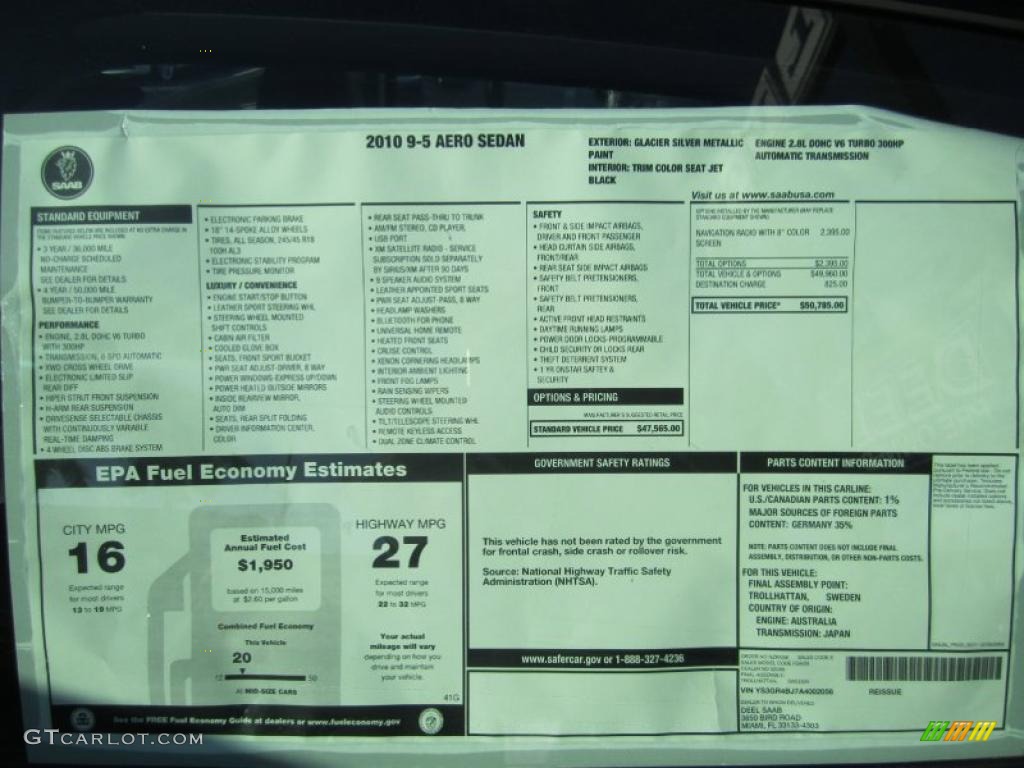 2010 Saab 9-5 Aero Sedan XWD Window Sticker Photo #41571499