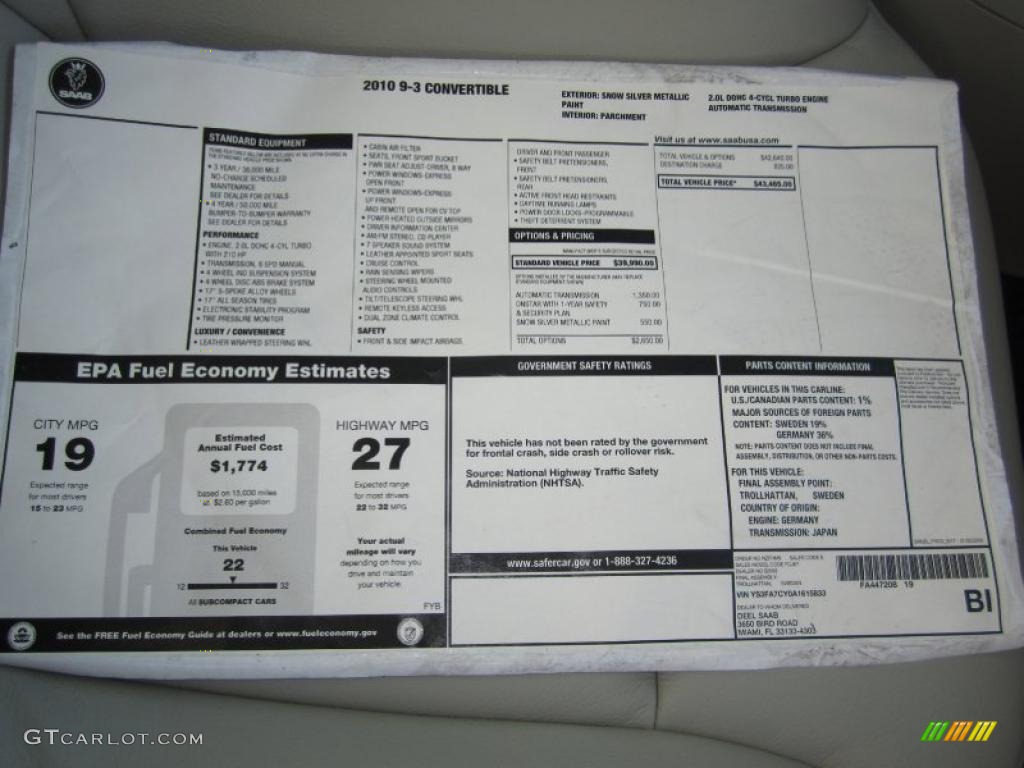 2010 Saab 9-3 2.0T Convertible Window Sticker Photos