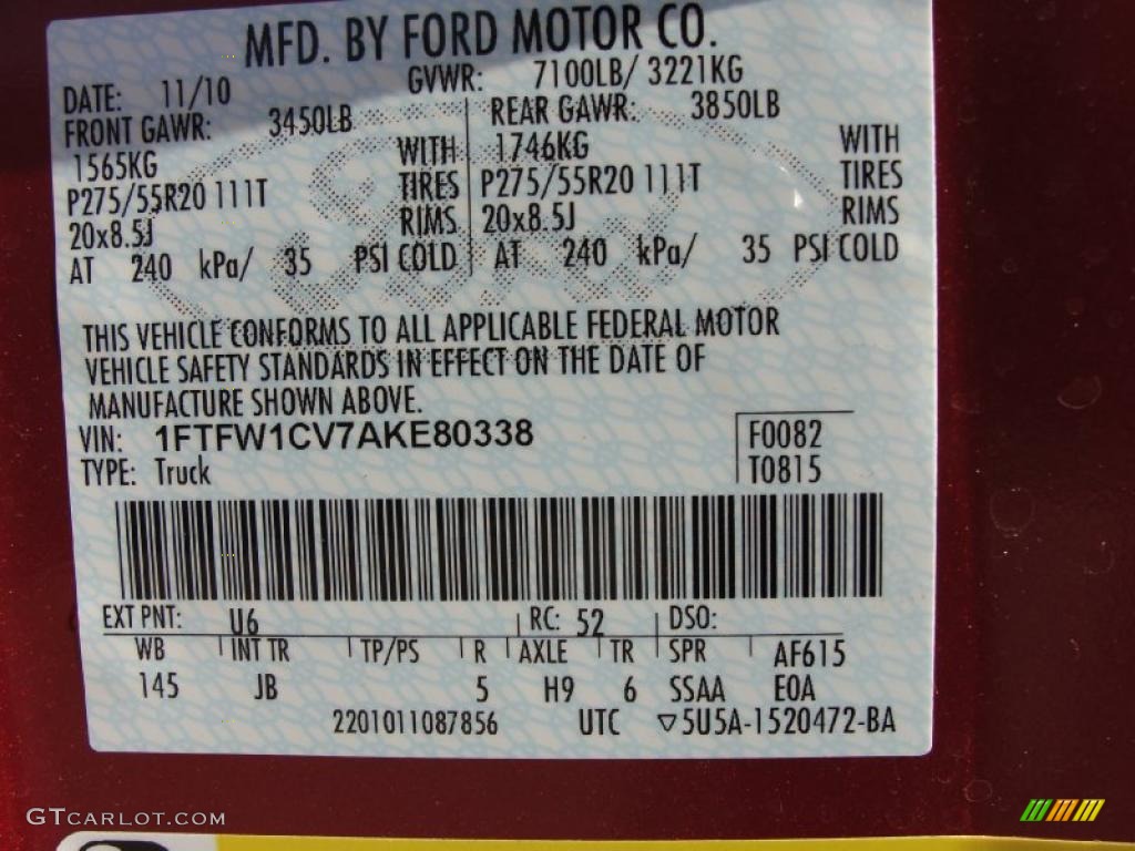 2010 Ford F150 FX2 SuperCrew Color Code Photos