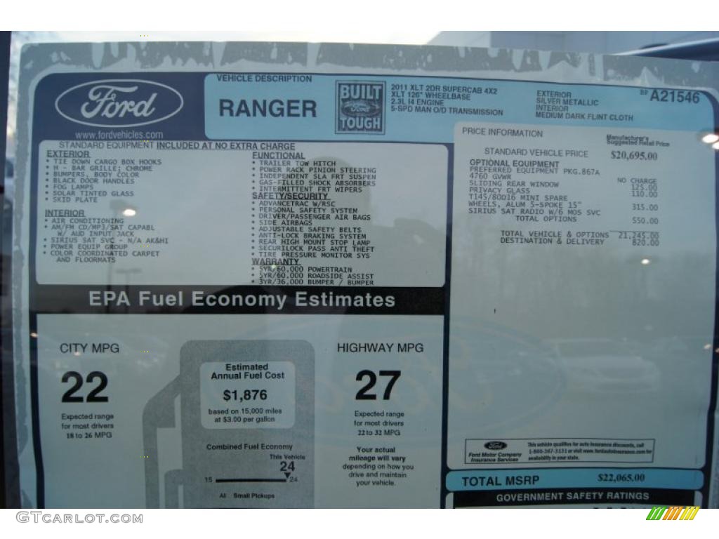 2011 Ford Ranger XLT SuperCab Window Sticker Photo #41639499