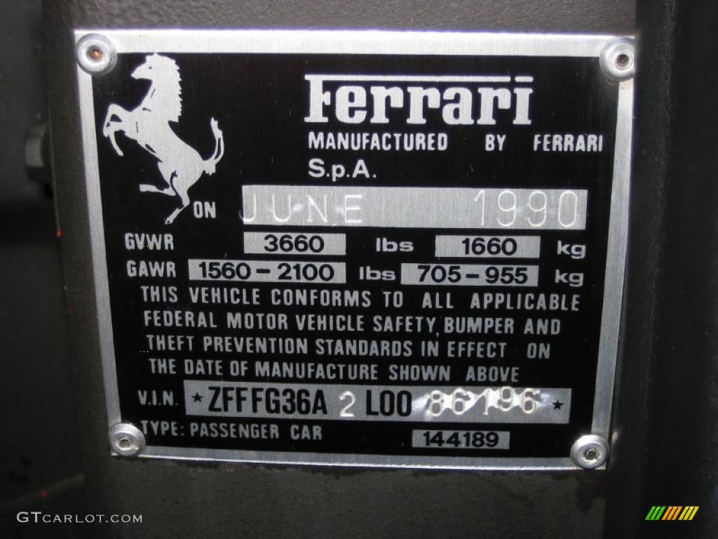 1990 Ferrari 348 TS Info Tag Photo #41652807