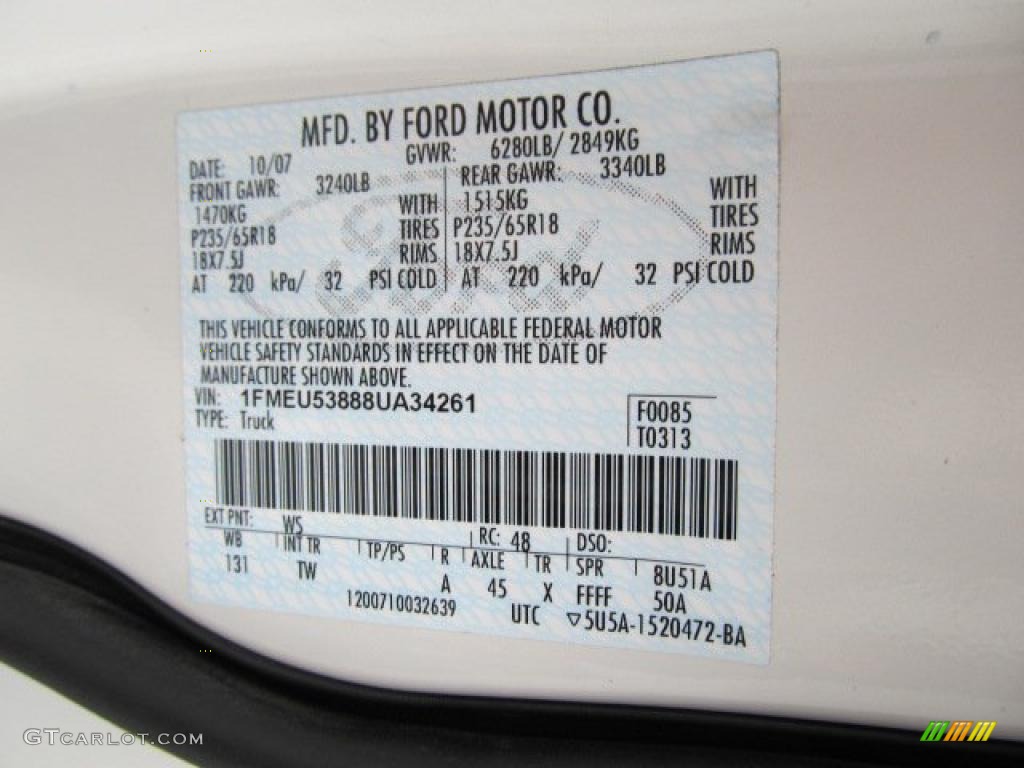 2008 Explorer Sport Trac Color Code WS for White Suede Photo #41661931