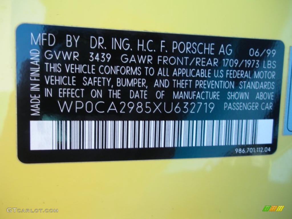 1999 Porsche Boxster Standard Boxster Model Info Tag Photos
