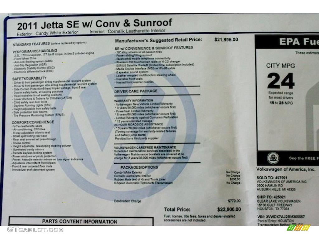 2011 Volkswagen Jetta SE Sedan Window Sticker Photo #41726669