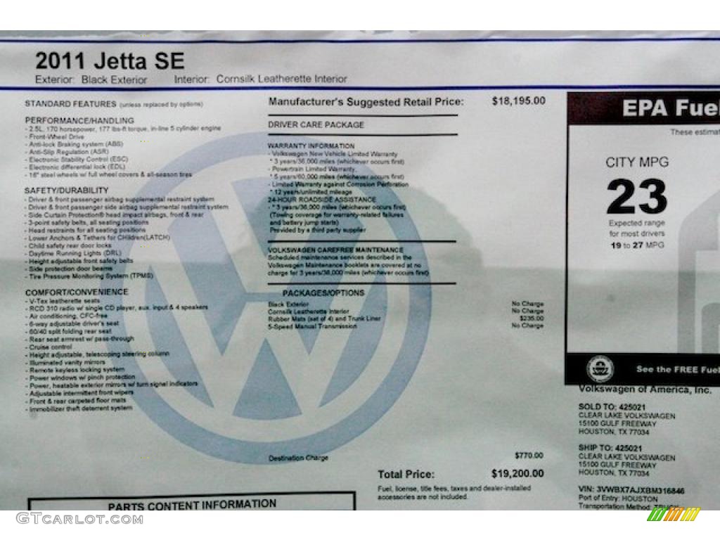2011 Volkswagen Jetta SE Sedan Window Sticker Photo #41727015