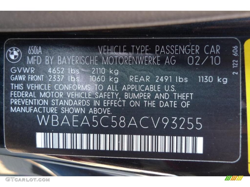 2010 BMW 6 Series 650i Coupe Info Tag Photo #41739938
