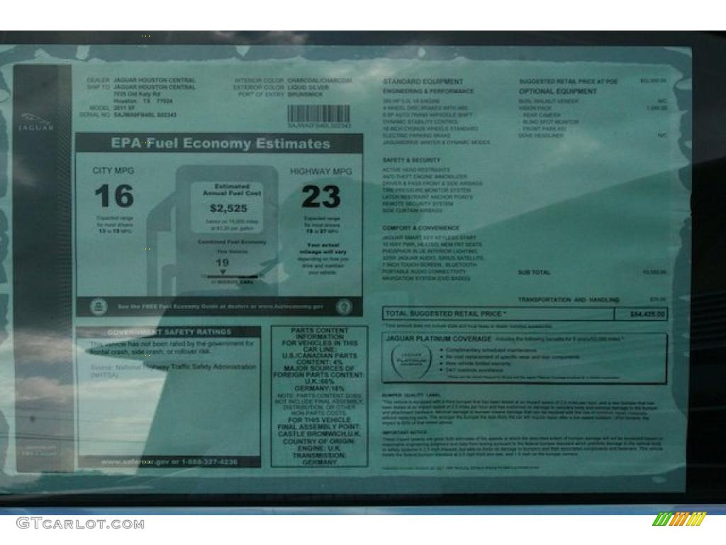 2011 Jaguar XF Sport Sedan Window Sticker Photo #41763157