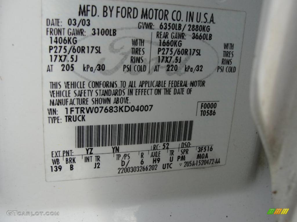 2003 F150 Color Code YZ for Oxford White Photo #41775201