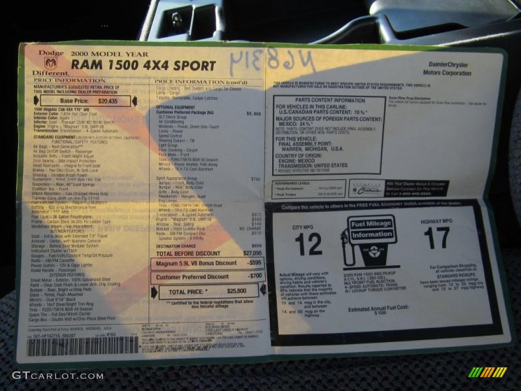 2000 Dodge Ram 1500 Sport Regular Cab 4x4 Window Sticker Photo #41775469