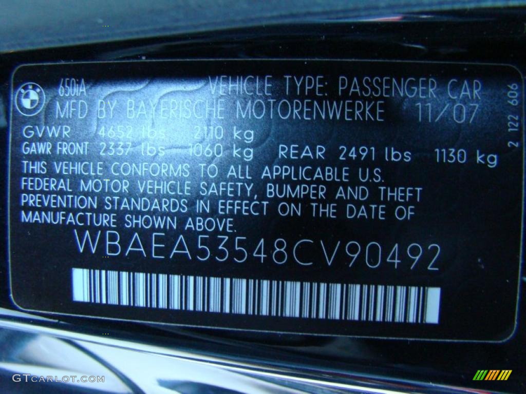2008 BMW 6 Series 650i Coupe Info Tag Photo #41776817