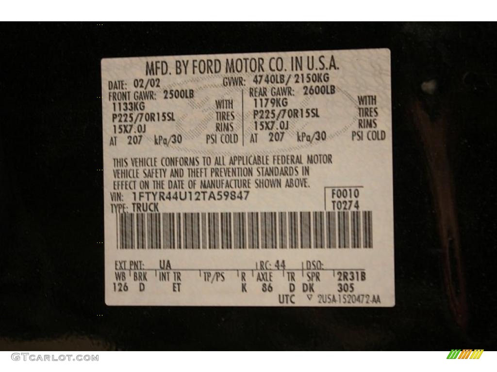 2002 Ranger Color Code UA for Black Clearcoat Photo #41830004