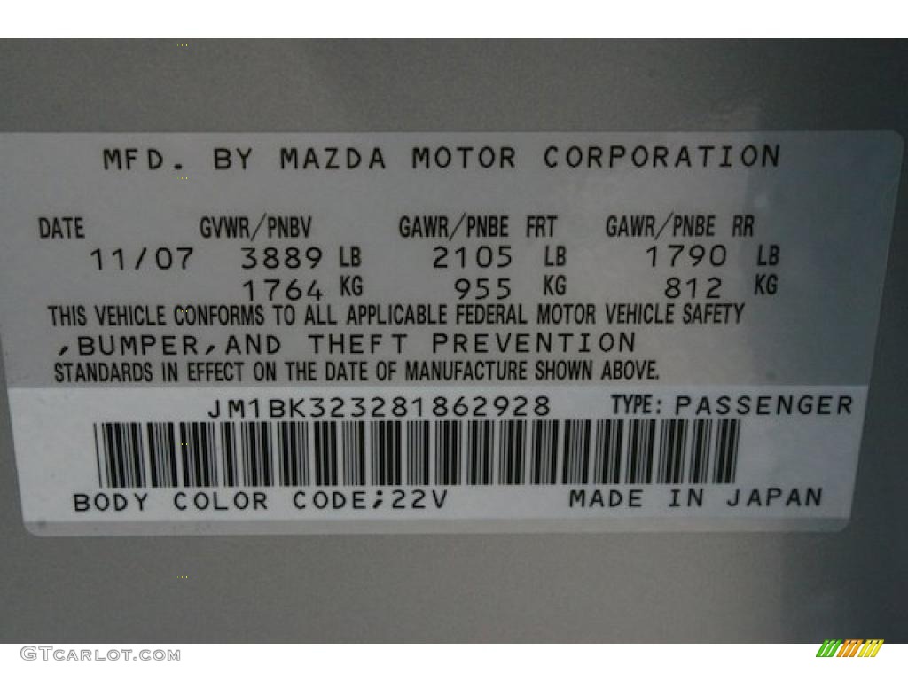 2008 MAZDA3 Color Code 22V for Sunlight Silver Metallic Photo #41840937