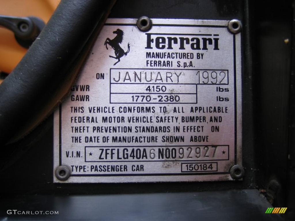 1992 Ferrari 512 TR Standard 512 TR Model Info Tag Photo #41852750