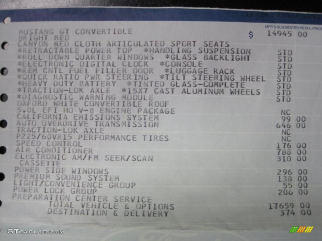 1986 Ford Mustang GT Convertible Window Sticker Photo #41873522