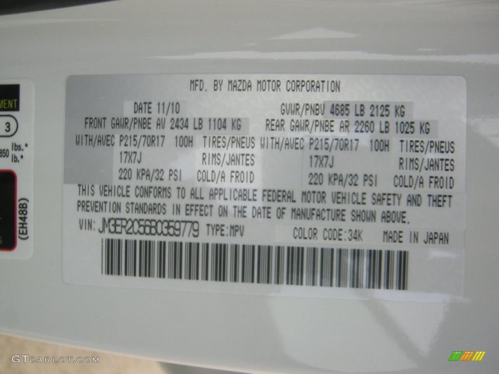 2011 CX-7 Color Code 34K for Crystal White Pearl Mica Photo #41899760