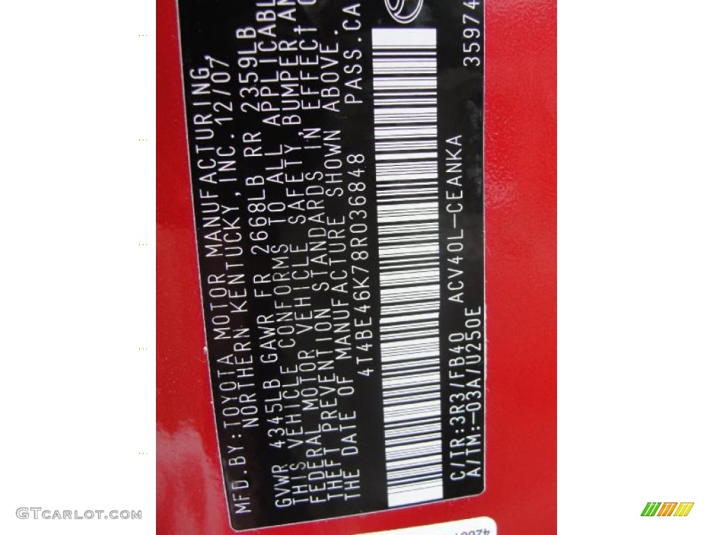 2008 Camry Color Code 3R3 for Barcelona Red Metallic Photo #41926867