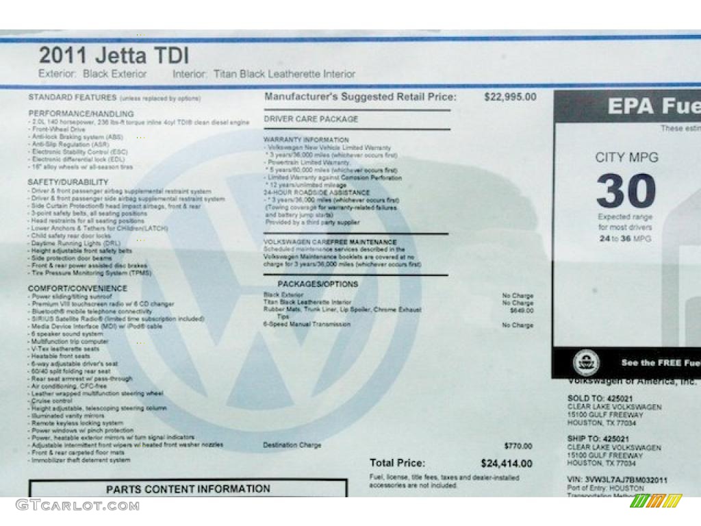 2011 Volkswagen Jetta TDI Sedan Window Sticker Photo #41931024