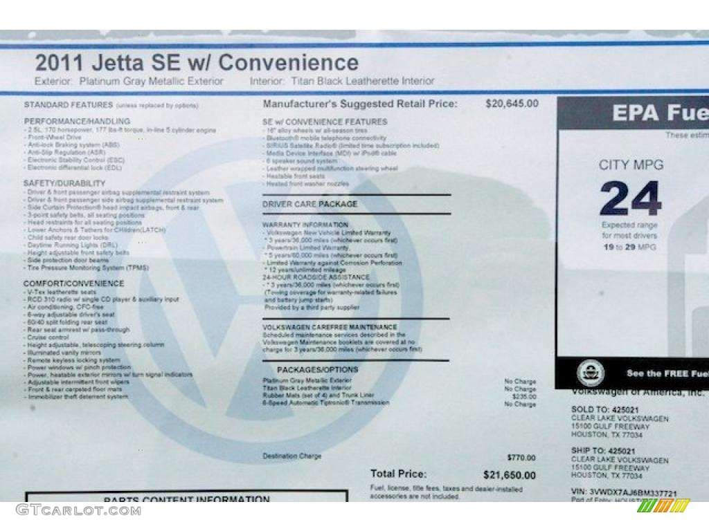 2011 Volkswagen Jetta SE Sedan Window Sticker Photo #41931604