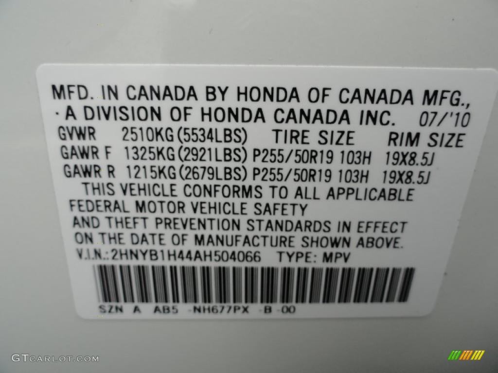 2010 ZDX Color Code NH677PX for Aspen White Pearl Photo #41946250