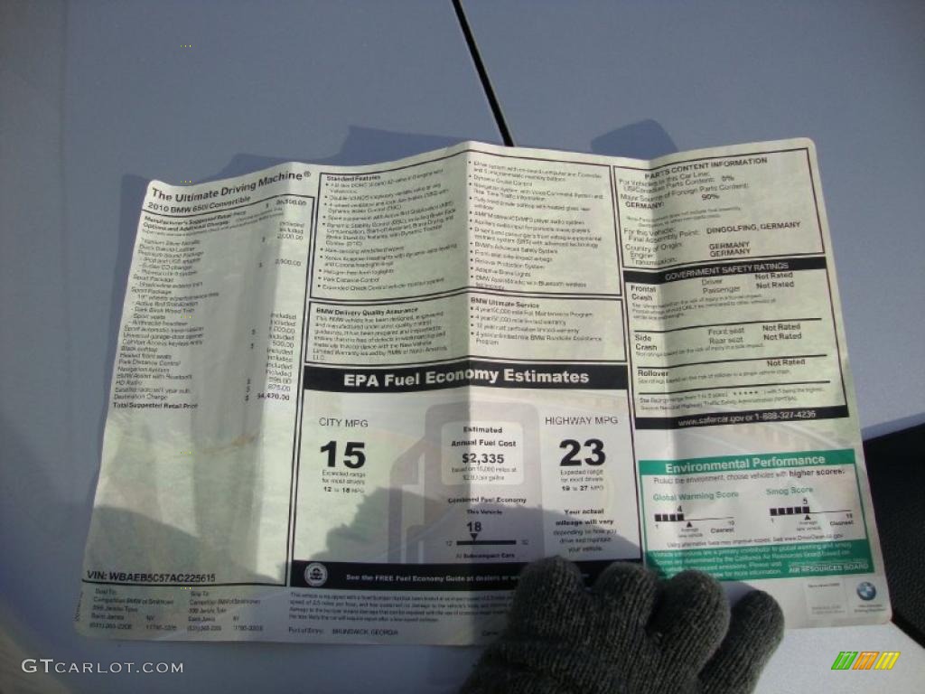 2010 BMW 6 Series 650i Convertible Window Sticker Photo #41954308
